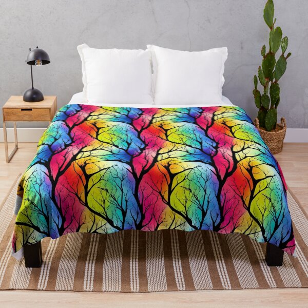 Artikelvorschau, Regenbogenfarben und psychedelisches Schattenbildmuster des schwarzen Baums entworfen und verkauft von ClairesPatterns.