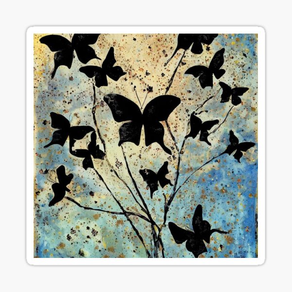 13 Black Butterflies Blue Gold Minialism Mixed Media  Sticker