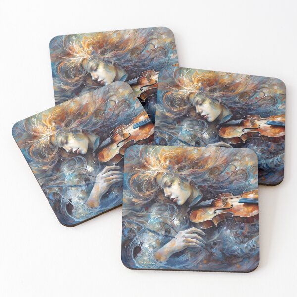 Item preview, Dreamlike Oil Painting of Beautiful Woman Playing Violin, Swirling Vortexes & Aquamarine Hues, Serene Music Art designed and sold by stateofhuman.