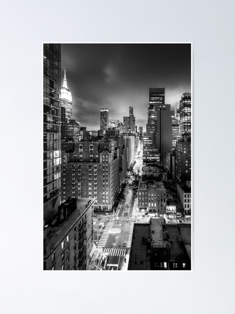 New York City At Night From The Rooftops - Black & White Poster
