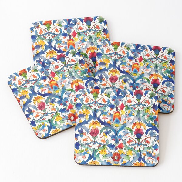 Item preview, Talavera Boho Geometric Watercolor Azulejo Pattern in Blue Red and Yellow designed and sold by ClairesPatterns.