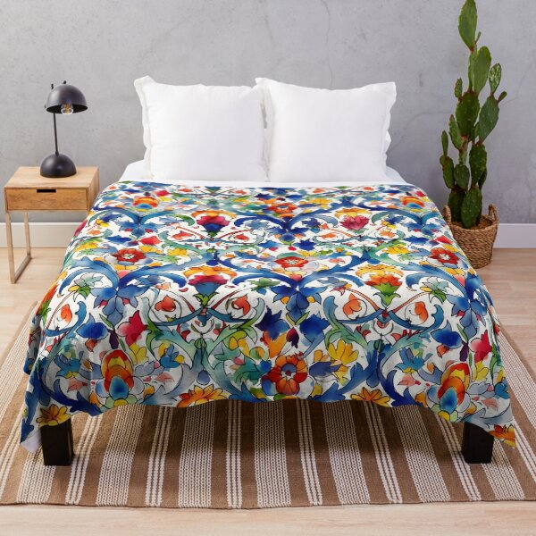 Item preview, Talavera Boho Geometric Watercolor Azulejo Pattern in Blue Red and Yellow designed and sold by ClairesPatterns.