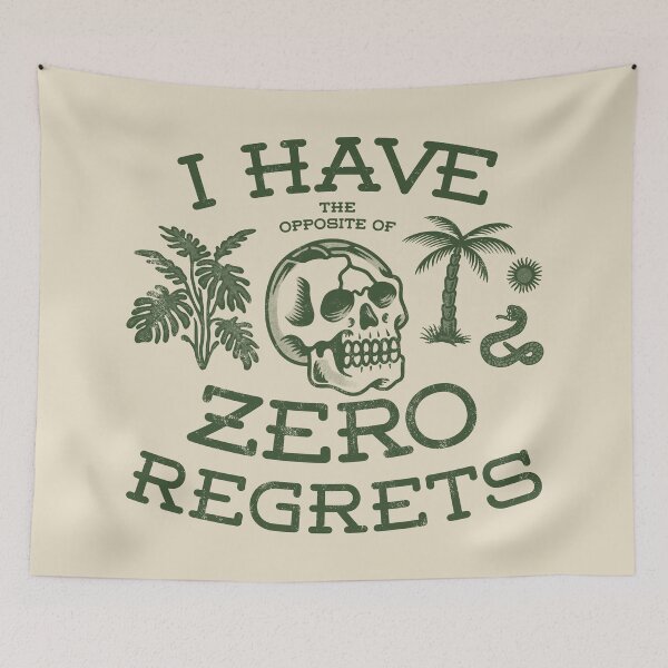 Item preview, Zero regrets! Funny sarcastic meme saying with vintage tattoo skull, snake, sun and plants designed and sold by thedesigngarden.