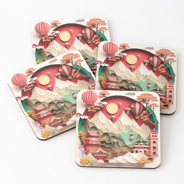Item preview, beautiful japanese landscape with warm colors, paper cut style designed and sold by artpapercuts.