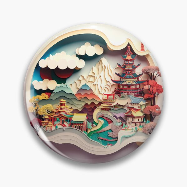 Item preview, japanese landscape with building and mountains, paper cut style designed and sold by artpapercuts.
