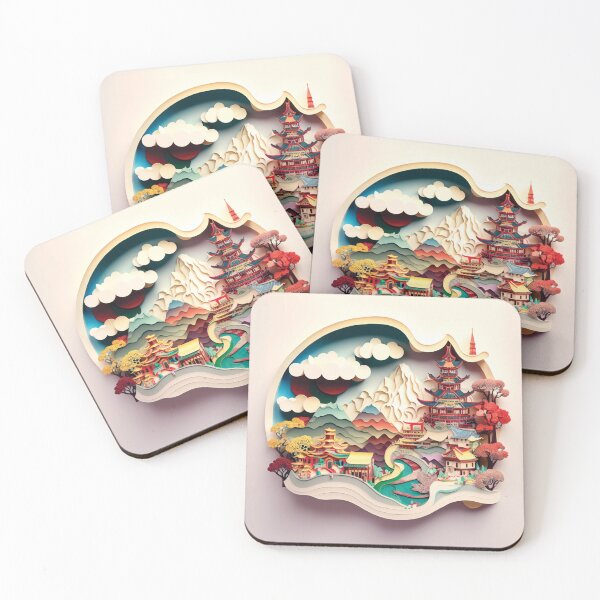 Item preview, japanese landscape with building and mountains, paper cut style designed and sold by artpapercuts.