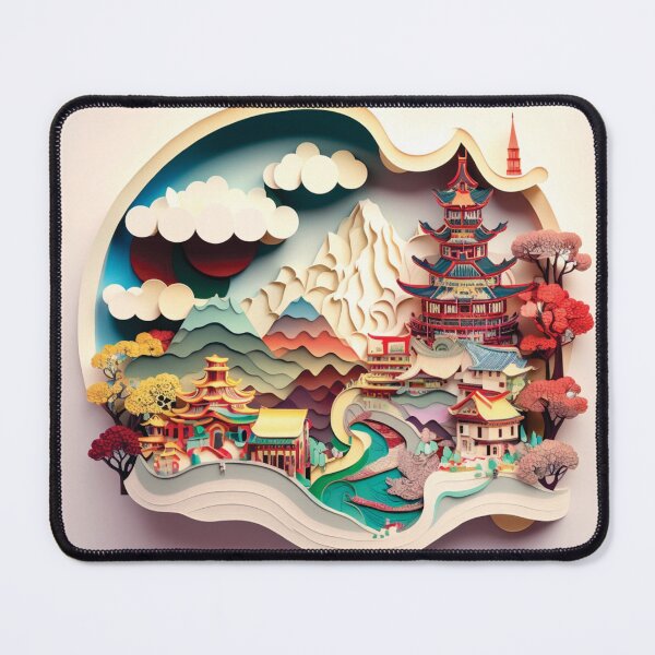 Item preview, japanese landscape with building and mountains, paper cut style designed and sold by artpapercuts.