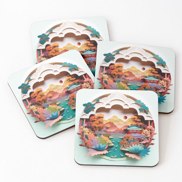 Item preview, japanese garden with mountains, paper cut style designed and sold by artpapercuts.