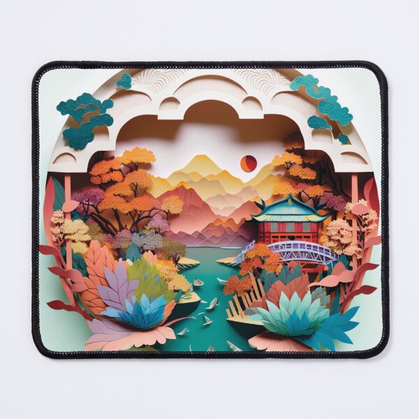 Item preview, japanese garden with mountains, paper cut style designed and sold by artpapercuts.