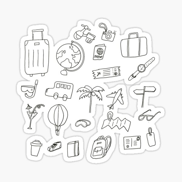 Travel theme - black and white lines doodle style Sticker