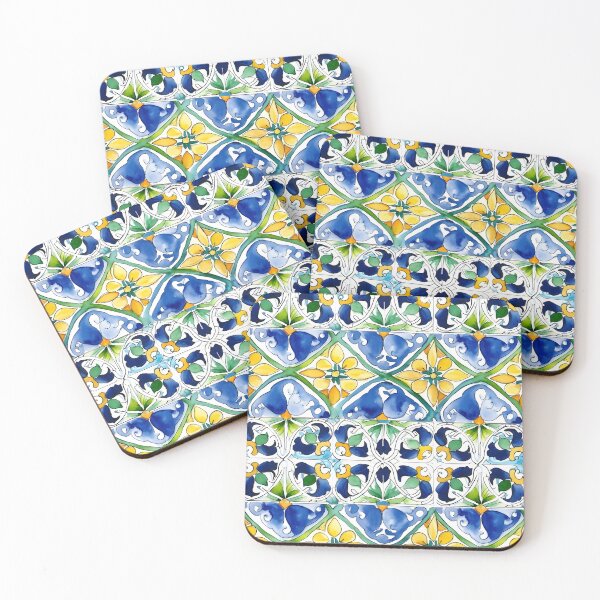 Item preview, talavera tile colorful watercolor design in yellow green and blue designed and sold by ClairesPatterns.