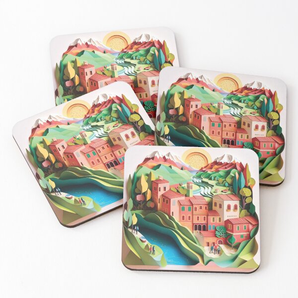 Item preview, beautiful dutch village with river and mountains, paper cut style designed and sold by artpapercuts.