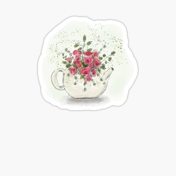 Whimsical Watercolor Floral Teapot and Roses Design Sticker