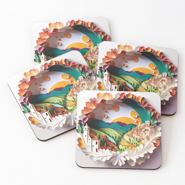 Item preview, European town with mountains and trees, paper cut style designed and sold by artpapercuts.