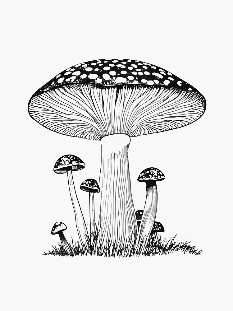 Champignon minimaliste dessin au trait fin en noir et blanc Sticker