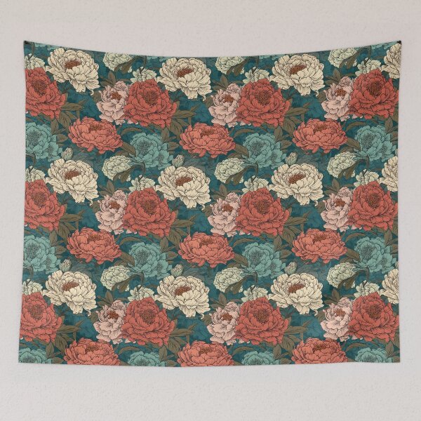 Item preview, Hokusai-Inspired Vintage Comic Style Peonies Pattern - Lush Floral Opulence in Vibrant Colors designed and sold by TopArtsy.