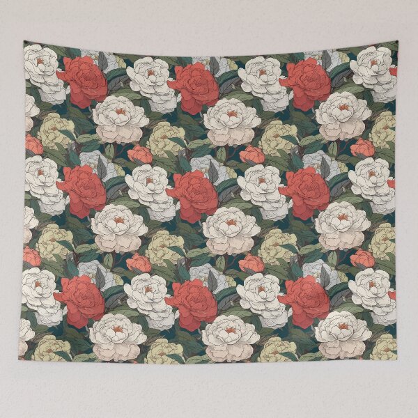 Item preview, Hokusai-Inspired Vintage Comic Style Camellias Pattern - Vibrant Timeless Elegance and Graceful Beauty designed and sold by TopArtsy.