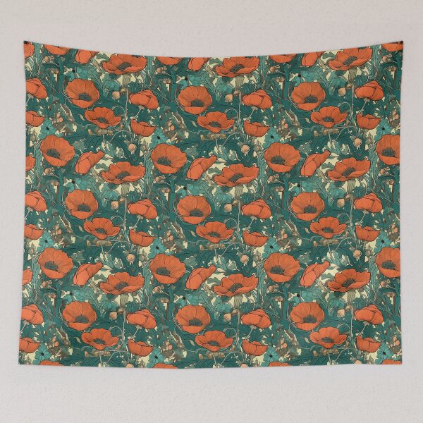 Item preview, Mucha-Inspired Vintage Art Nouveau Poppies Pattern - Vibrant Colors and Graceful Curves designed and sold by TopArtsy.
