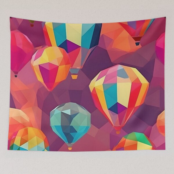 Artikelvorschau, Schwebende Geometrie: Ein bunter polygonaler Heißluftballon-Druck entworfen und verkauft von SDVibeDesigns.