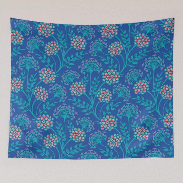 Item preview, DANUBE Retro Vintage Zinnia Cow Parsley Cottage Floral Pattern in Turquoise Pink Red Purple on Royal Blue - UnBlink Studio by Jackie Tahara designed and sold by Jackie Tahara of UnBlink Studio.