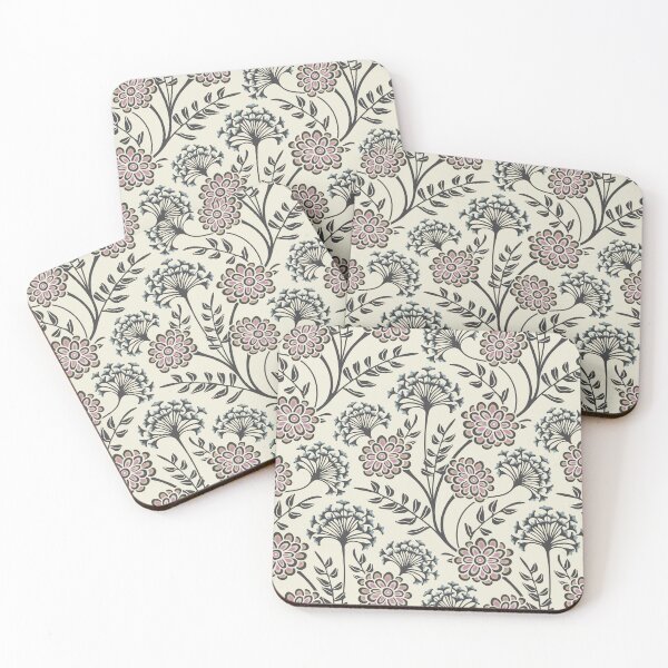 Item preview, DANUBE Retro Vintage Zinnia Cow Parsley Cottage Floral Pattern in Charcoal Gray Purple Beige Sand Slate on Ecru - UnBlink Studio by Jackie Tahara designed and sold by Jackie Tahara of UnBlink Studio.