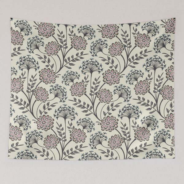 Item preview, DANUBE Retro Vintage Zinnia Cow Parsley Cottage Floral Pattern in Charcoal Gray Purple Beige Sand Slate on Ecru - UnBlink Studio by Jackie Tahara designed and sold by Jackie Tahara of UnBlink Studio.