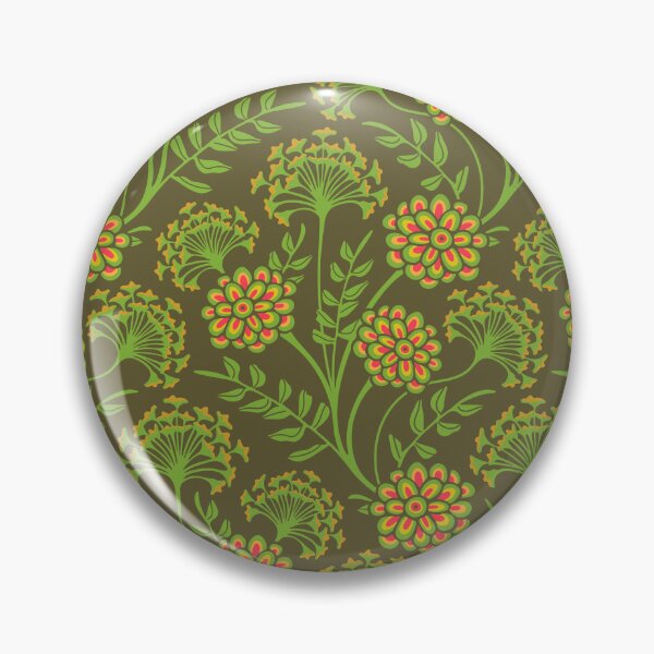 Item preview, DANUBE Retro Vintage Zinnia Cow Parsley Cottage Floral Pattern in Green Orange Yellow Red Beige on Moss Green - UnBlink Studio by Jackie Tahara designed and sold by Jackie Tahara of UnBlink Studio.