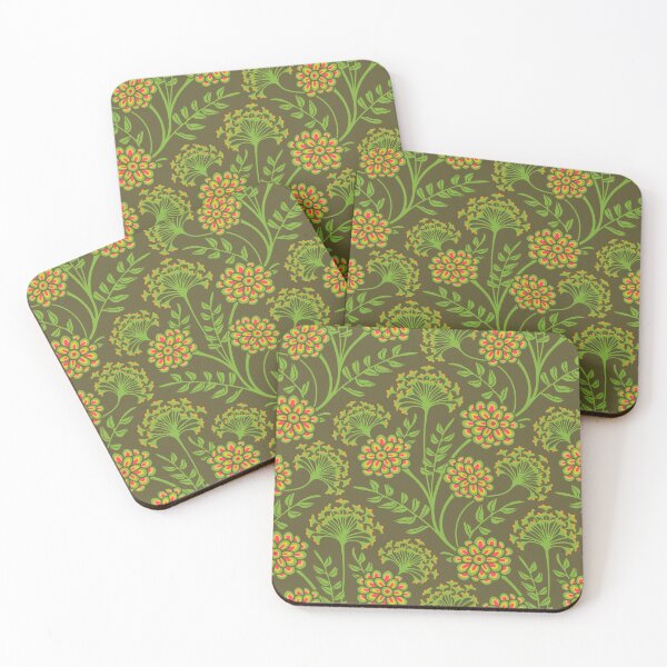 Item preview, DANUBE Retro Vintage Zinnia Cow Parsley Cottage Floral Pattern in Green Orange Yellow Red Beige on Moss Green - UnBlink Studio by Jackie Tahara designed and sold by Jackie Tahara of UnBlink Studio.