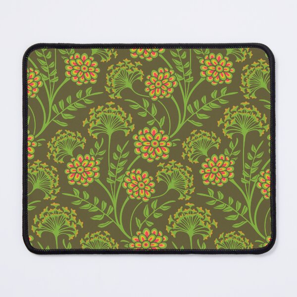 Item preview, DANUBE Retro Vintage Zinnia Cow Parsley Cottage Floral Pattern in Green Orange Yellow Red Beige on Moss Green - UnBlink Studio by Jackie Tahara designed and sold by Jackie Tahara of UnBlink Studio.