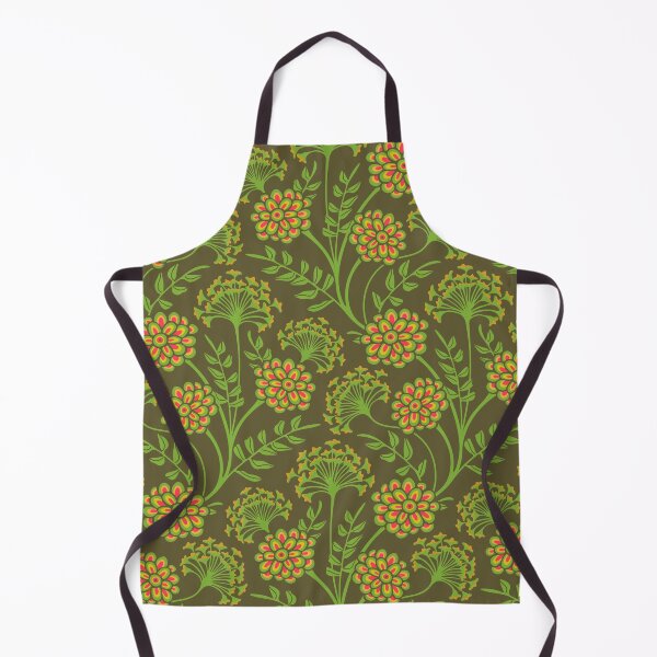 Item preview, DANUBE Retro Vintage Zinnia Cow Parsley Cottage Floral Pattern in Green Orange Yellow Red Beige on Moss Green - UnBlink Studio by Jackie Tahara designed and sold by Jackie Tahara of UnBlink Studio.