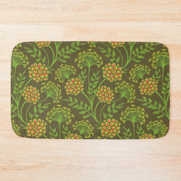 Item preview, DANUBE Retro Vintage Zinnia Cow Parsley Cottage Floral Pattern in Green Orange Yellow Red Beige on Moss Green - UnBlink Studio by Jackie Tahara designed and sold by Jackie Tahara of UnBlink Studio.