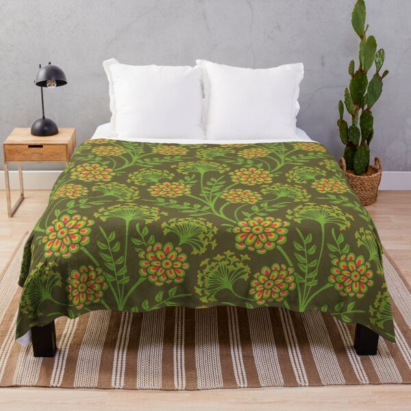 Item preview, DANUBE Retro Vintage Zinnia Cow Parsley Cottage Floral Pattern in Green Orange Yellow Red Beige on Moss Green - UnBlink Studio by Jackie Tahara designed and sold by Jackie Tahara of UnBlink Studio.