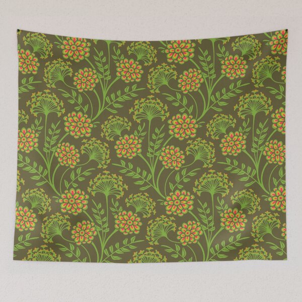 Item preview, DANUBE Retro Vintage Zinnia Cow Parsley Cottage Floral Pattern in Green Orange Yellow Red Beige on Moss Green - UnBlink Studio by Jackie Tahara designed and sold by Jackie Tahara of UnBlink Studio.