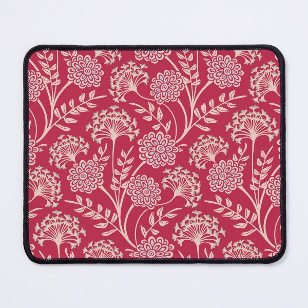 Item preview, DANUBE Retro Vintage Zinnia Cow Parsley Cottage Floral Pattern in Sand Beige Pale Blue on Viva Magenta Red - UnBlink Studio by Jackie Tahara designed and sold by Jackie Tahara of UnBlink Studio.