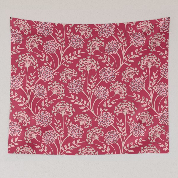 Item preview, DANUBE Retro Vintage Zinnia Cow Parsley Cottage Floral Pattern in Sand Beige Pale Blue on Viva Magenta Red - UnBlink Studio by Jackie Tahara designed and sold by Jackie Tahara of UnBlink Studio.
