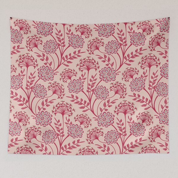 Item preview, DANUBE Retro Vintage Zinnia Cow Parsley Cottage Floral Pattern in Viva Magenta Red Pale Blue on Sand Beige - UnBlink Studio by Jackie Tahara designed and sold by Jackie Tahara of UnBlink Studio.