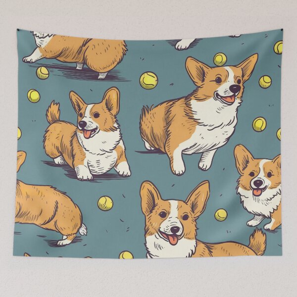 Item preview, Pembroke Welsh Corgi Chasing Tennis Balls Cartoon Style  designed and sold by GMMDESIGNS21.
