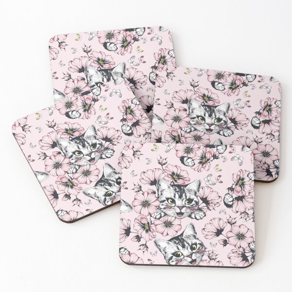 Item preview, Cosmos flowers with happy kitten face seamless pattern. designed and sold by Marina Smorodinskaya.