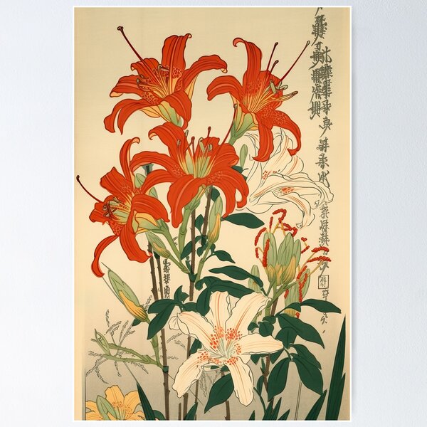 Vista previa del artículo con la obra «Tiger Lillies en estilo Ukiyo-e», diseñado y vendido por GingerSilkShop.