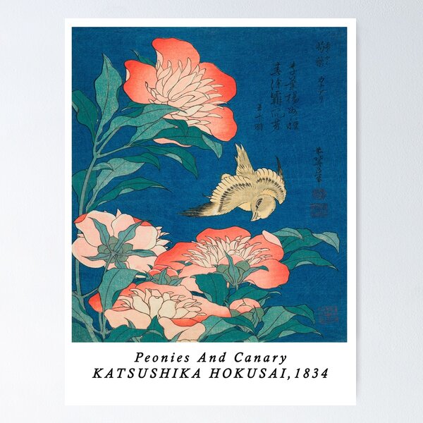 Item preview,  Vintage Woodblock peonies and canary By Katsushika Hokusai -Vintage botanical art designed and sold by Tamas Das.