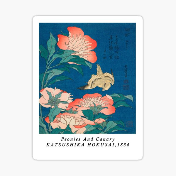Item preview,  Vintage Woodblock peonies and canary By Katsushika Hokusai -Vintage botanical art designed and sold by Tamas Das.