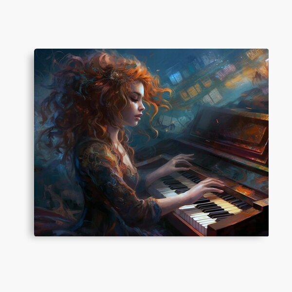 Red-Haired Musician Digital Art, Piano from the Future, Realistic Fantasy Style, Enchanting Atmosphere, UHD Wall Art, 20"x16" Print Canvas Print