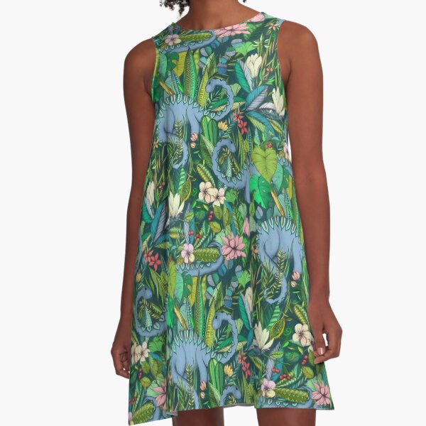 Improbable Botanical with Dinosaurs - dark green A-Line Dress