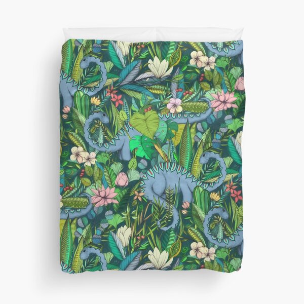 Improbable Botanical with Dinosaurs - dark green Duvet Cover