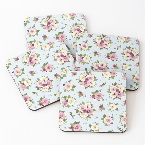 Item preview, Floral pattern with pink and white flowers and blackberries on a blue background designed and sold by Naddya.