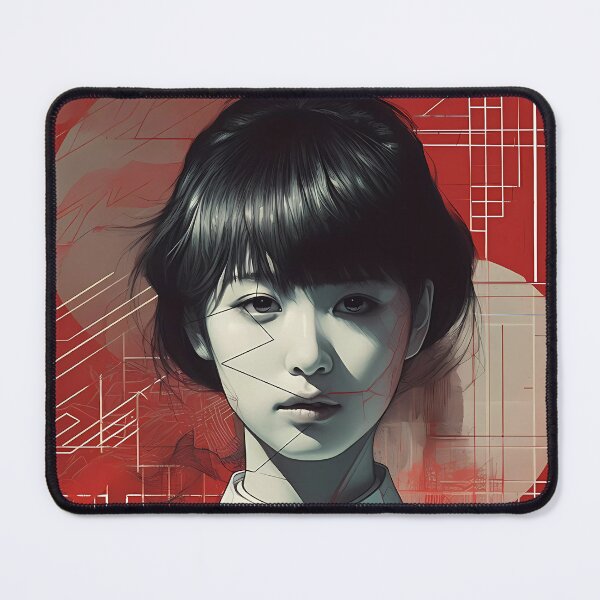 Item preview, Original Portrait of a Young Japanese Robot Girl in Red Background and Straight Lines designed and sold by SingularityGeek.