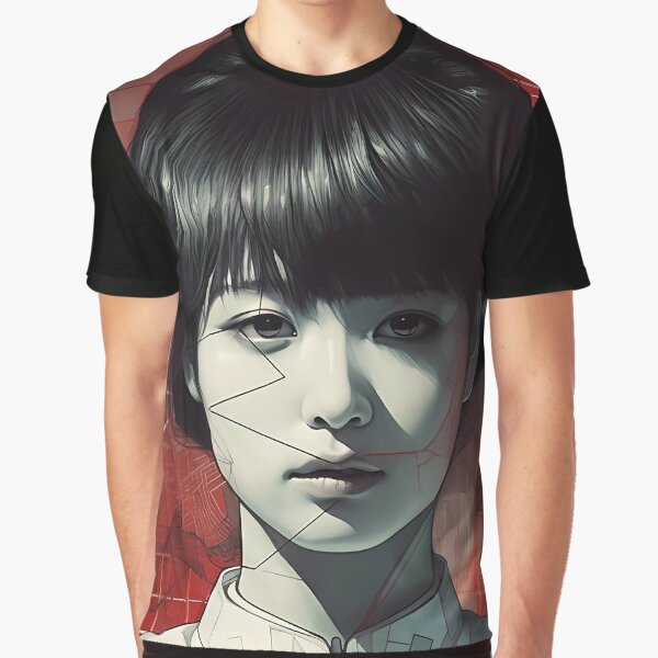 Vista previa del artículo con la obra «Original Portrait of a Young Japanese Robot Girl in Red Background and Straight Lines», diseñado y vendido por SingularityGeek.