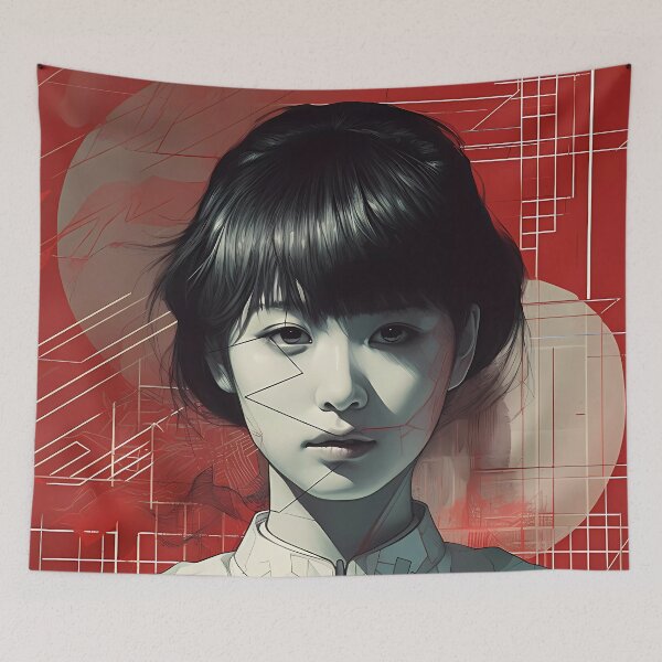 Item preview, Original Portrait of a Young Japanese Robot Girl in Red Background and Straight Lines designed and sold by SingularityGeek.