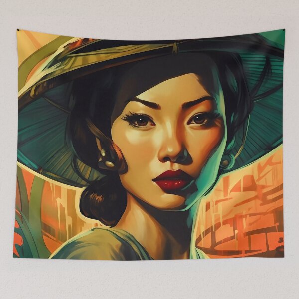 Item preview, Portrait of Asian Girl with Beautiful Red Lips and Sun Hat designed and sold by SingularityGeek.
