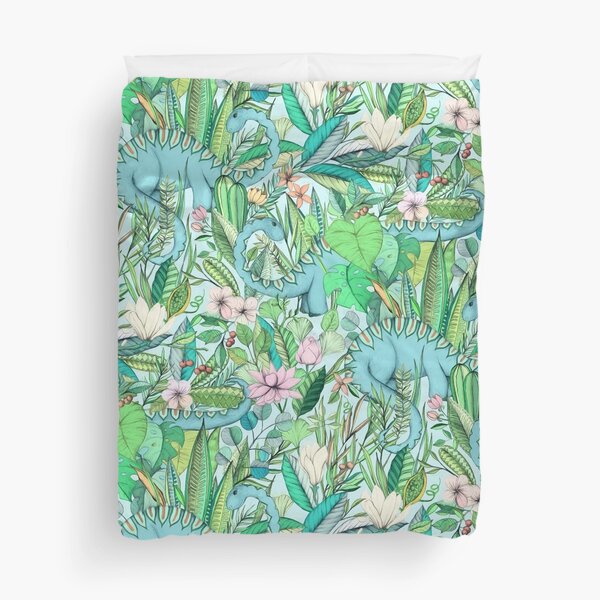 Improbable Botanical with Dinosaurs - soft pastels Duvet Cover